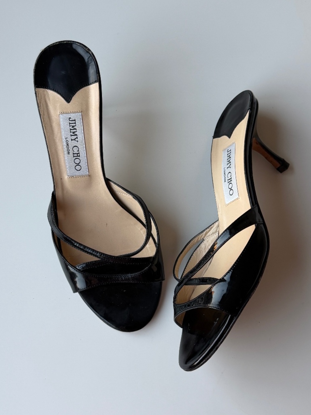 Jimmy Choo black patent leather strappy sandal heels, IT 39